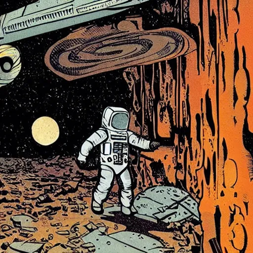 Image similar to astronaut exploring a derelict by frank miller