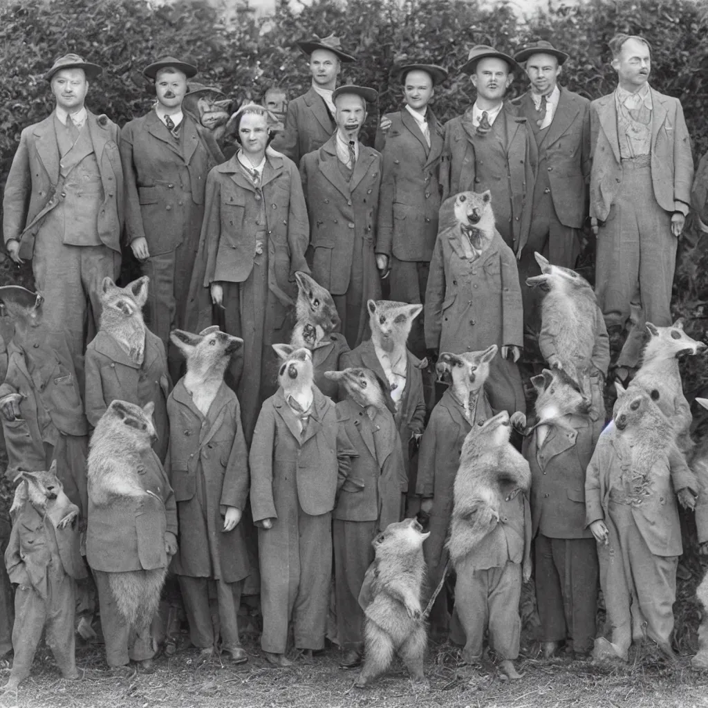 Image similar to a group of badgers in 1 9 4 0 s suits, standing upright like people, anthropomorphic, style of beatrix potter, rendered as a highly detailed photograph