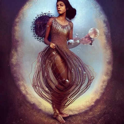 Prompt: brown woman wearing a jellyfish armor. iridiscent. super detailed. layered. textured. award winning. dispersion of light. refracted lighting. soft. fragile. by ray caesar. by louise dahl - wolfe. by andrea kowch. by tom bagshaw. surreal photography