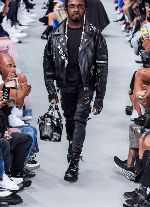 Prompt: hyperrealistic and heavy detailed balenciaga runway show of lil uzi vert, leica sl 2 5 0 mm, vivid color, high quality, high textured, real life