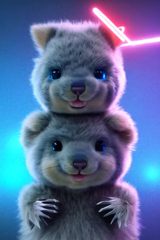 Image similar to high quality 3 d render sci - fi very cute mecha & fluffy! wombat!! hybrid! fighting, highly detailed, unreal engine cinematic smooth, in the style of blade runner & detective pikachu, hannah yata charlie immer, dark blue neon light, low angle, uhd 8 k, sharp focus