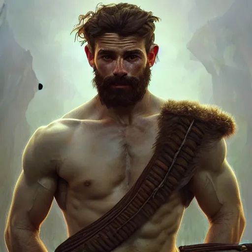 Image similar to portrait of a young rugged ranger, muscular, upper body, hairy torso, D&D, fantasy, intricate, cinematic lighting, highly detailed, digital painting, artstation, concept art, smooth, sharp focus, illustration, art by Artgerm and Greg Rutkowski and Alphonse Mucha