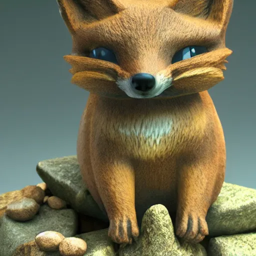 Prompt: a small animal with a fox face sits on a stone, shady forest, cartoony but elaborate and detailed style, high quality, 3 d render