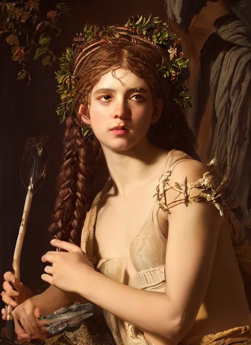Prompt: A super-detailed portrait of the young bacchante with Thrysos staff by Max Nonnenbruch,evening, atmospheric lighting, intricate detail, cgsociety, hyperrealistic,ambient light, dynamic lighting