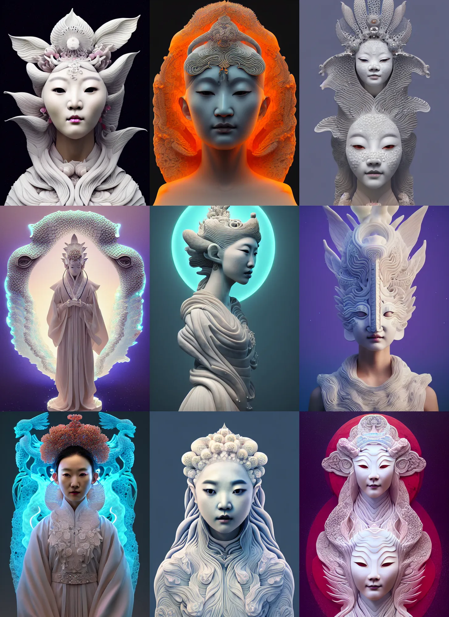 Prompt: 3 d goddess medium shot profile portrait as marble statue. beautiful intricate highly detailed korean gumiho mask and traditional korean hanbok. stingray, magpie, bioluminescent, plasma, lava, ice, water, wind, creature, fog, artwork by tooth wu and wlop and beeple and greg rutkowski, in the style of hudson river school,