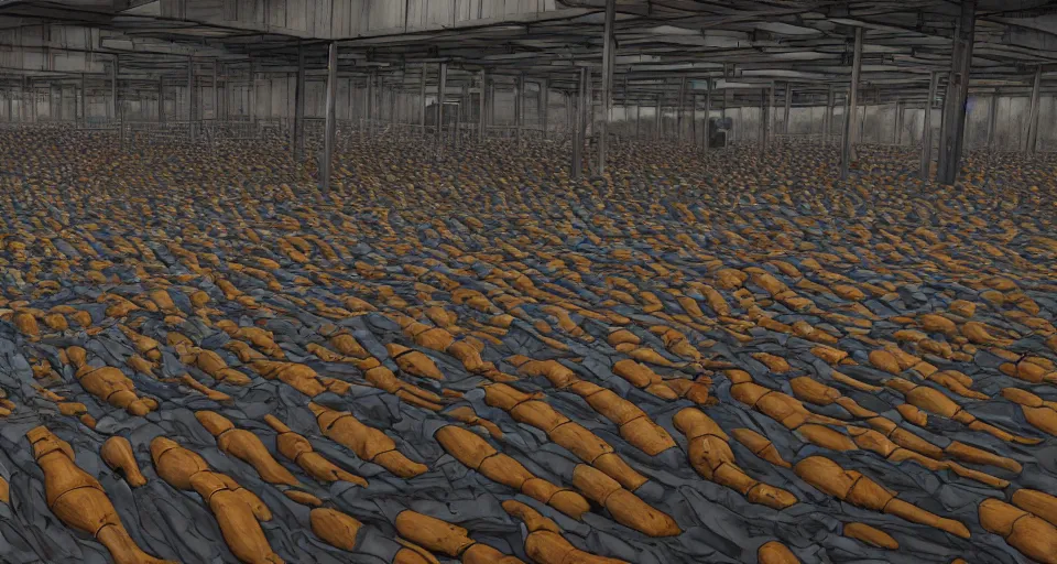 Prompt: illustration of rows of limp bodies hanging on display in a cold warehouse, refrigerated storage facility, rolling fog, cyberpunk, dystopian, dramatic lighting, unreal engine 5, colorful