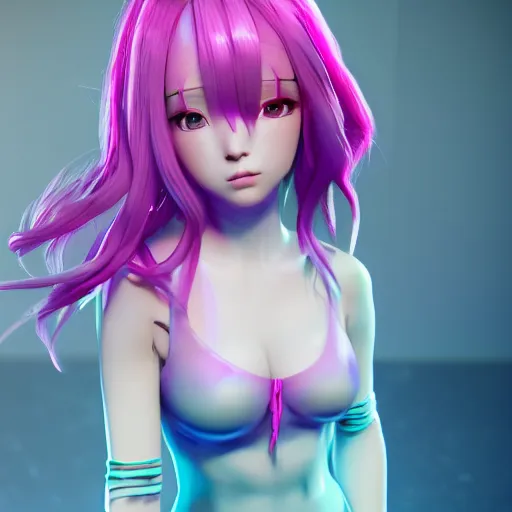 Prompt: stunningly beautiful omnipotent anime goddess with smooth porcelain skin, pink hair and mesmerizing cyan eyes, symmetrical, unreal engine 5, 8 k