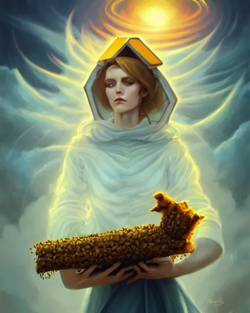 Prompt: Beekeeper pope portrait, heavenly clouds, radiant light, ethereal fantasy art by peter mohrbacher and artgerm