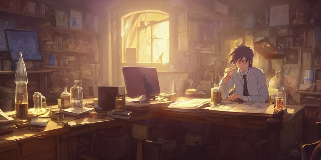 Image similar to a wizard with brown hair is standing at his desk working with jars of liquids, beakers of bubbling potions, coherent, medium shot, waist up, studio ghibli, pixar and disney animation, sharp, rendered in unreal engine 5, anime key art by greg rutkowski, bloom, dramatic lighting