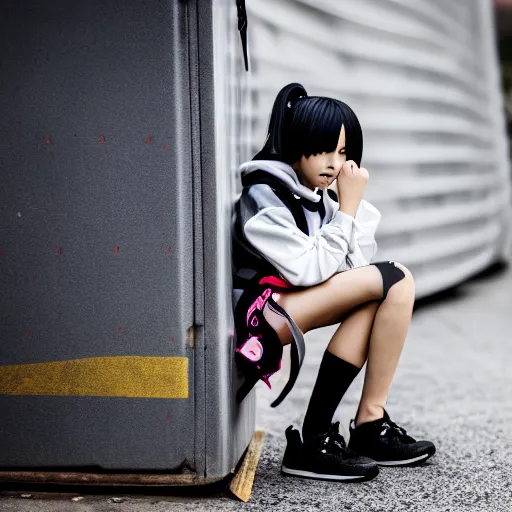 Image similar to photographic portrait of a streetwear anime girl crouched next to a dumpster, closeup, sigma 85mm f/1.4, 4k, depth of field, high resolution, 4k, 8k, hd, full color