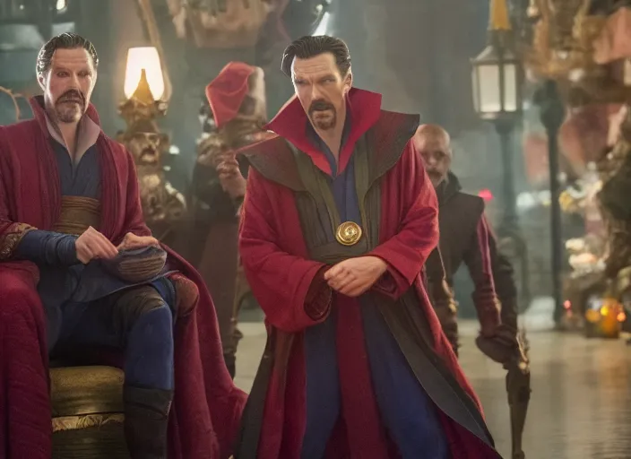 Prompt: film still of dr strange played by benedict cumberbatch sitting on santas lap in the new dr strange movie, 4 k