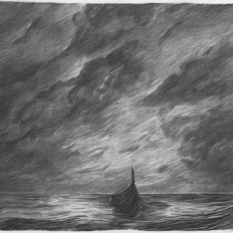 Image similar to the ship of theseus wrecked upon the night's plutonian shore, charcoal masterpiece by Edgar Allan Poe