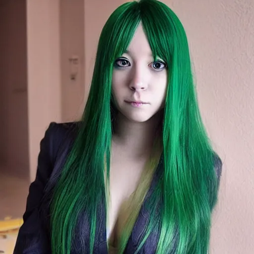 Image similar to anime girl with green hair, full head and hair in shot