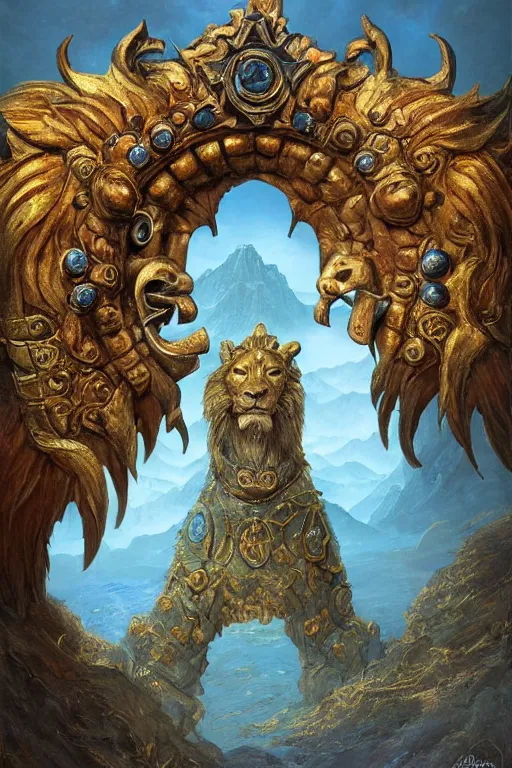 Image similar to A giant medieval fantasy blue energy portal gate with a rusty gold carved lion face at the center of it, the portal takes you to another world, full of colorful flowers on the lost Vibes and mountains in the background, spring, delicate fog, sea breeze rises in the air, by andreas rocha and john howe, and Martin Johnson Heade, featured on artstation, featured on behance, golden ratio, ultrawide angle, f32, well composed, rule of thirds, center spotlight, low angle view