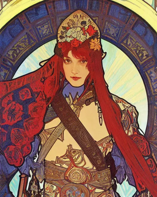 Prompt: A highly realistic painting of a knight with a rose pattern on his armor, red armour with blue pattern, deep moody colors, by Alphonse Mucha, autumn forest