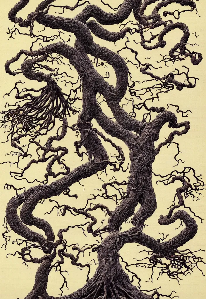 Image similar to prompt: anatomy dissection drawing veins and organs tree character drawn by Takato Yamamoto, bonsai anatomy atlas, veins and organs attached to tree roots, alchemical objects inspired by 1980's sci-ci, old experimentation cabinet, intricate oil painting detail, manga 1980