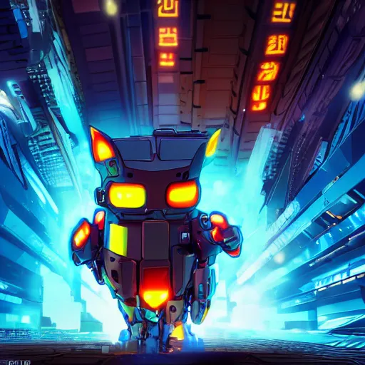 Prompt: cyber mecha cat on a rampage in neo tokyo, chibi, by moebius and matt groening, cinematic, vibrant colors, 8 k, artstation