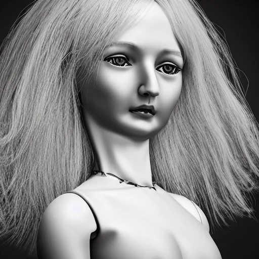 Prompt: beautiful ball jointed doll head, long shiny hair, intricate detailed, sharp focus, octane render, high quality, Symmetrical face composition, 8k, volumetric lighting, on black background