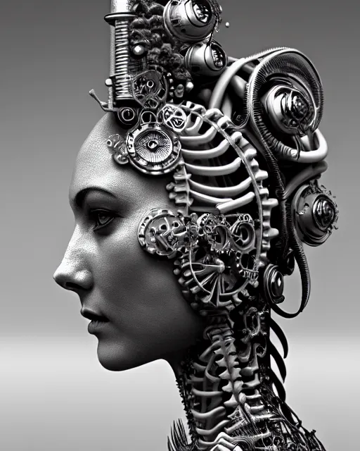 Image similar to mythical black and white organic bio-mechanical spinal ribbed profile face portrait detail of mechanical beautiful female angelic-vegetal-cyborg, highly detailed, intricate steampunk ornate, poetic, 3D render, digital art, octane render, 8K artistic photography, photo-realistic, by Dora Maar