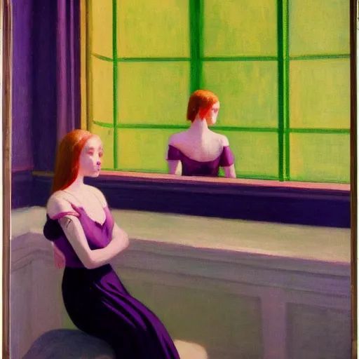 Prompt: a girl with three eyes on 5 translucent luminous spheres, full of floral and berry fillings, in an ocean of lavender color by edward hopper