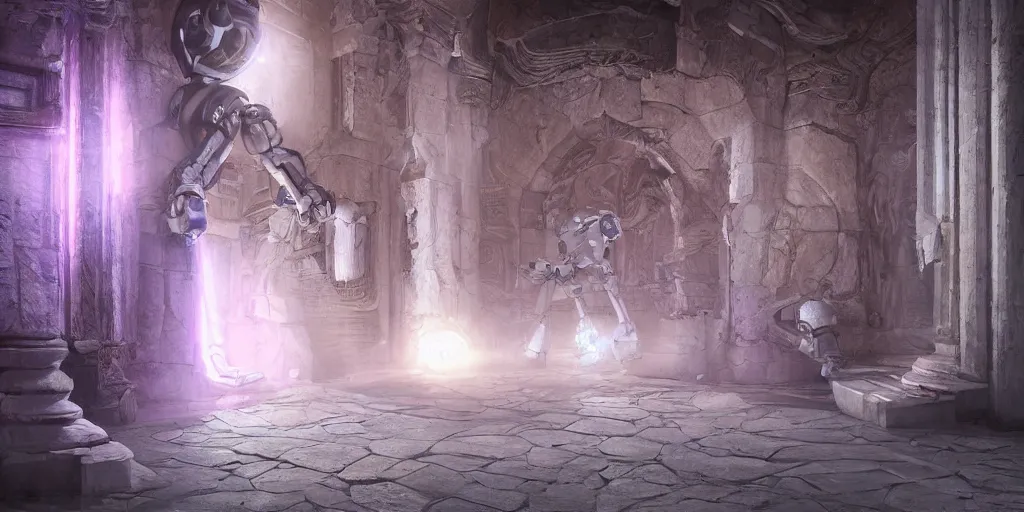 Image similar to a digital painting of a robot made of white stone, purple crystal inlays, by jonas de ro, keeping the entrance of a sanctum, cinematic lights, at dawn, unreal engine, attestation, deviantart