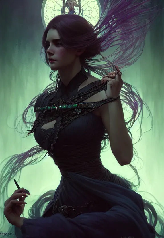 Image similar to Necromancer Sorceress in center, fantasy magic, undercut hairstyle, dark light night, intricate, elegant, sharp focus, illustration, highly detailed, digital painting, concept art, matte, art by WLOP and Artgerm and Greg Rutkowski and Alphonse Mucha, masterpiece