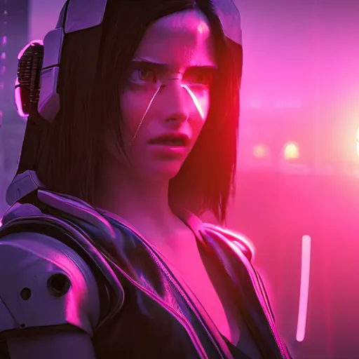 Image similar to « glowing neon lights, sunrise, cyberpunk, alita battle angel, blade runner, rainy, cold, clouds, far view, photorealistic, unreal engine 5, attractive girl sharp focus »