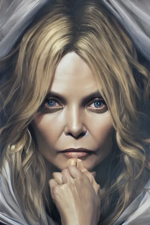 Image similar to painting of michelle pfeiffer,, ultra realistic, sharp details, subsurface scattering, intricate details, warm lighting, beautiful features, highly detailed, photorealistic, octane render, 8 k, unreal engine, art by artgerm and greg rutkowski and alphonse mucha