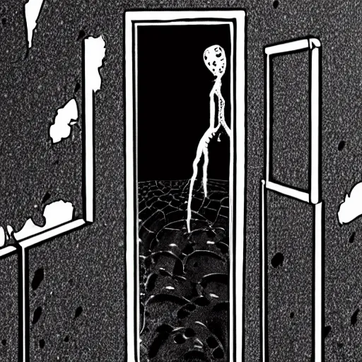 Image similar to drilling neighbor, grid of drilled holes in a room, black and white horror in style of junji ito