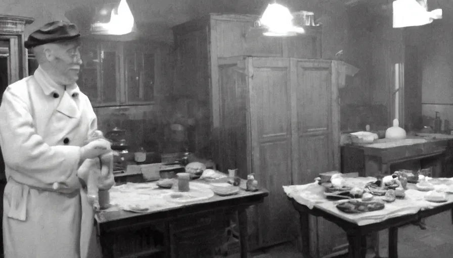 Image similar to a wax man in a stalinist style kitchen, by mini dv camera, very very low quality, heavy grain, very blurry, accidental flash, webcam footage, found footage, security cam, caught on trail cam