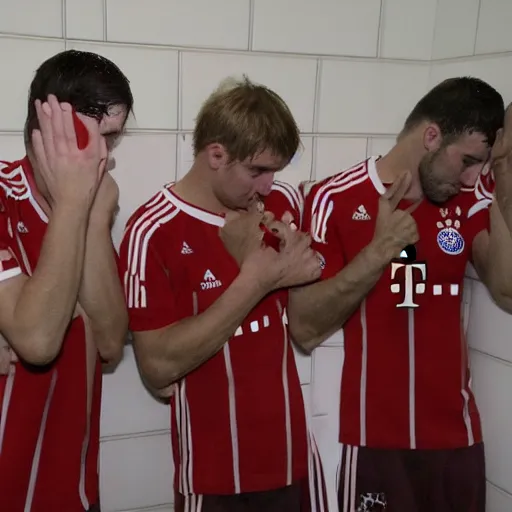 Image similar to bayern munchen football players in the shower after a big defeat, looking devastated