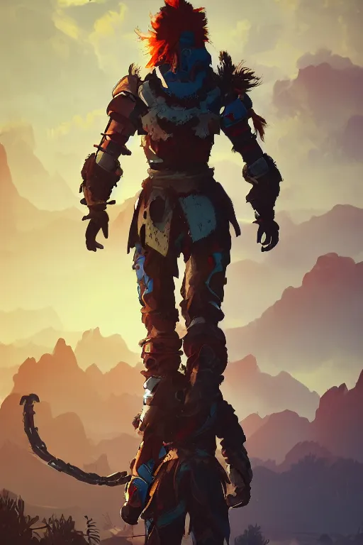 Image similar to combination suit armor aloy horizon forbidden west horizon zero dawn radiating a glowing aura global illumination ray tracing hdr fanart arstation by ian pesty and alena aenami artworks in 4 k tribal robot ninja mask helmet backpack