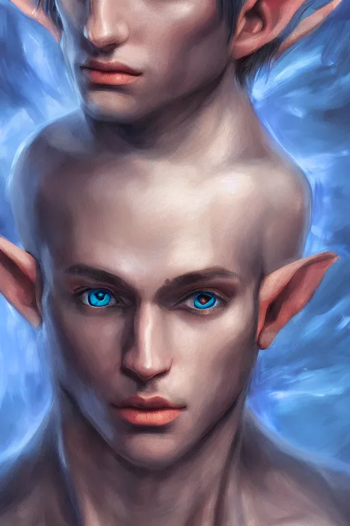 Prompt: A beautiful and complex half body portrait of a male elf, 4k hd wallpaper, Raphaelite, Trending on artstation, blue color scheme