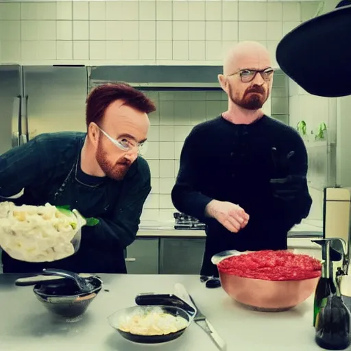 Image similar to jessie pinkman and walter white cooking borsch cinematic extremely detailed