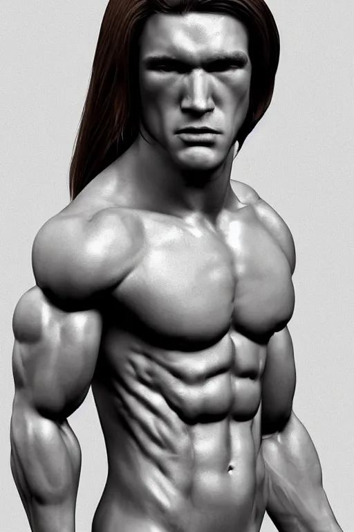 Prompt: a handsomely caucasian muscular man [ attaining long brown hair ]!!, upper body!!, portrait!!, zbrush!!, photorealistic facial features, 3 d modeling, trending on cgsociety, [ conceptual art ]!!, [ adamantly defined abs ]!!