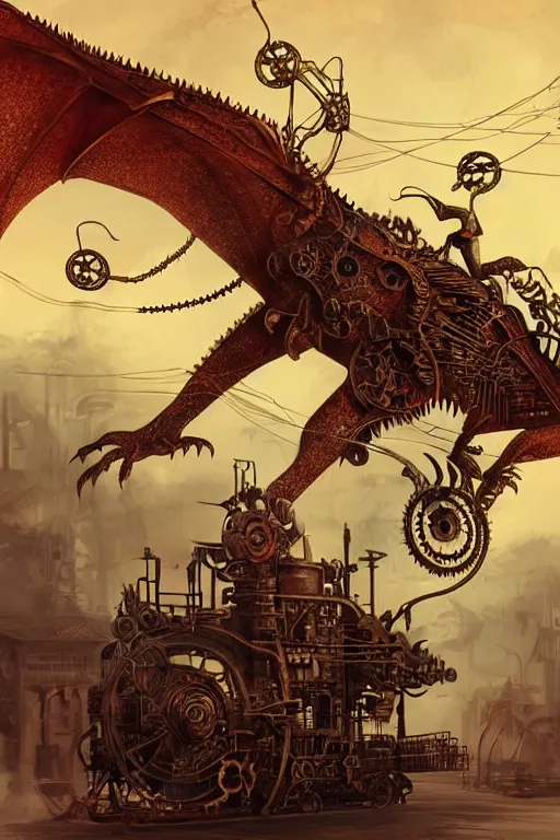 Image similar to illustration, old sick gold and crimsoned scaled asian style dragon on a steam punk plank of machinery with wires and gears and steam punk apparatus, matte painting, style of studio ghibli, featured in artstation and artgerm and pixiv, award winning, cinematic, intricate, 8 k