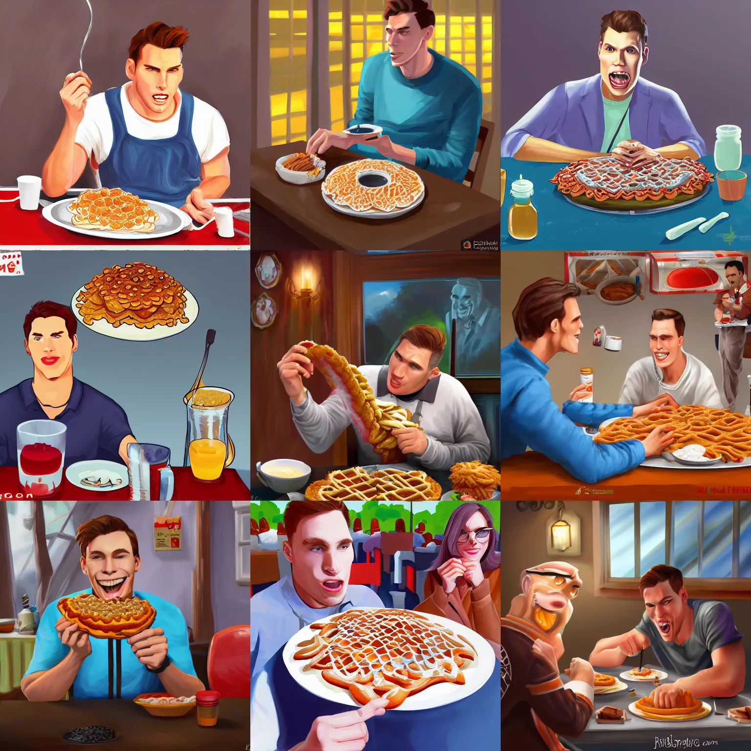 Prompt: jerma985 eating funnel cake, digital painting, artstation, high quality, detailed