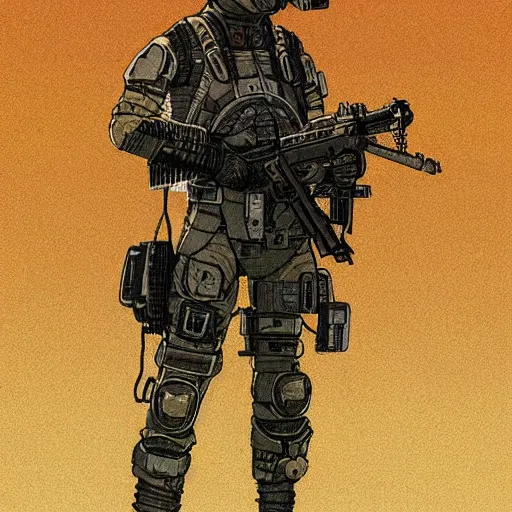 Prompt: a cyberpunk soldier with tactical gear and a rifle patrols a japanese city on mars, Industrial Scifi, detailed illustration, character portrait, by Martin Grip and Moebius