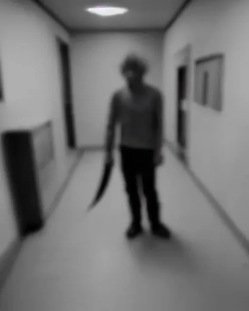 Image similar to aggressive psychopath with a knife looking at camera, horror lighting, at night, cctv footage, out of focus, motion blur