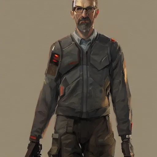 Image similar to a full body portrait of gordon freeman by Krenz Cushart, high detail, concept art, artstation, 8k