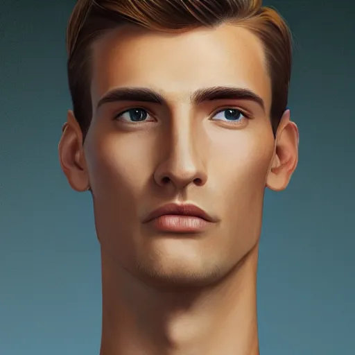 Prompt: tall man in his twenties with brown blond short quiff hair and thin slightly round facial structure with cleft chin, straight eyebrows and prominent nose, good definition of cheekbones, big hazel nut brown eyes, narrow face, slim body, atmospheric lighting, painted, intricate, 4 k, highly detailed by charlie bowater