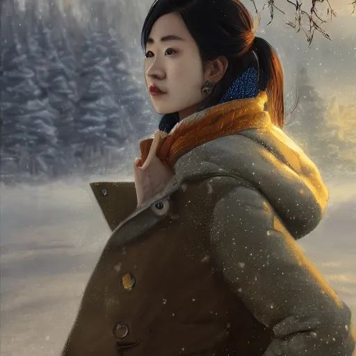 Image similar to the portrait a beautiful grocery young asia woman in down jacket, with a goosethe background is dust earth road ， river winter an snow, illustration by wenjun lin, irakli nadar, bright colors, octopath traveler, wenjun lin, unreal engine 5 highly rendered, global illumination, radiant light, detailed and intricate environment