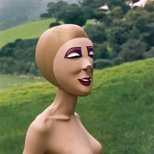 Image similar to glamorous woman with an inflatable nose, long snout, in the hillside, 1974 arthouse film, archival footage, technicolor film