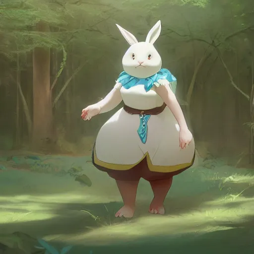 Image similar to concept art painting of a chubby white rabbit wearing a turquoise dress, in the deep forest, realistic, detailed, cel shaded, in the style of makoto shinkai and greg rutkowski and james gurney