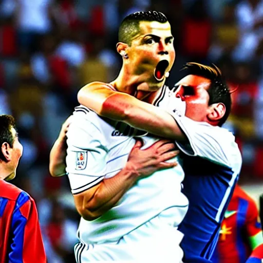 Image similar to Angry Ronaldo choking Messi
