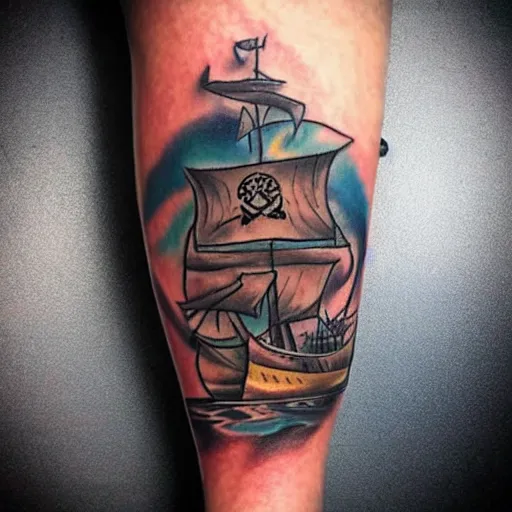 Prompt: A magical pirate ship, tattoo design on paper, hyper realistic shaded tattoo, award winning tattoo