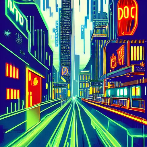 Image similar to art deco style poster of a cyberpunk city that has neon light streets, shimmering rain, and tall buildings up into the dark clouds