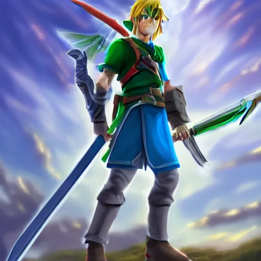 Image similar to Link proudly holding up the master sword, masterpiece, digital art, 8k , very detailed