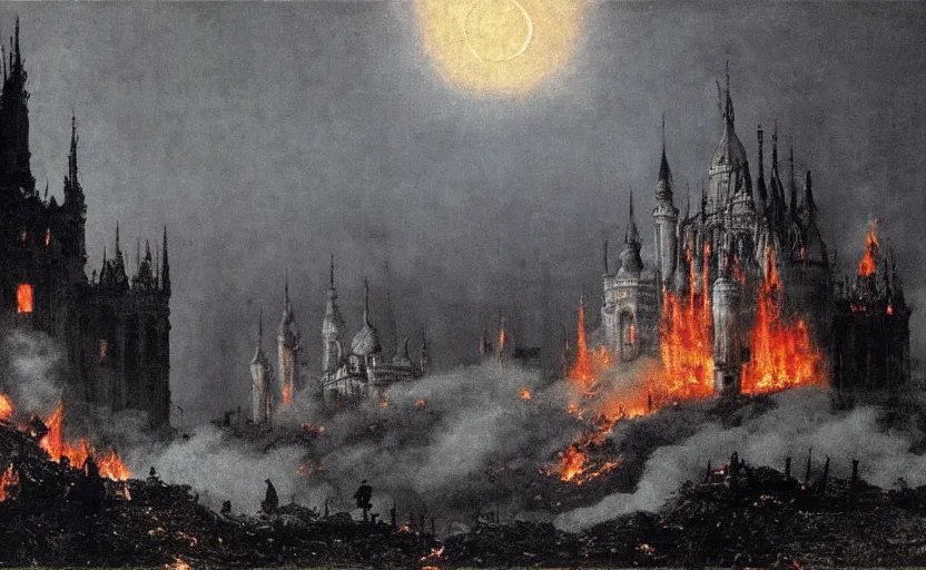 Prompt: a picture in high contrast by vasily vereshchagin of burning!!! gothic! castle in smoke on a hill, full moon in clouds, visual art, 8 k resolution, 3 d modelling, hard lighting