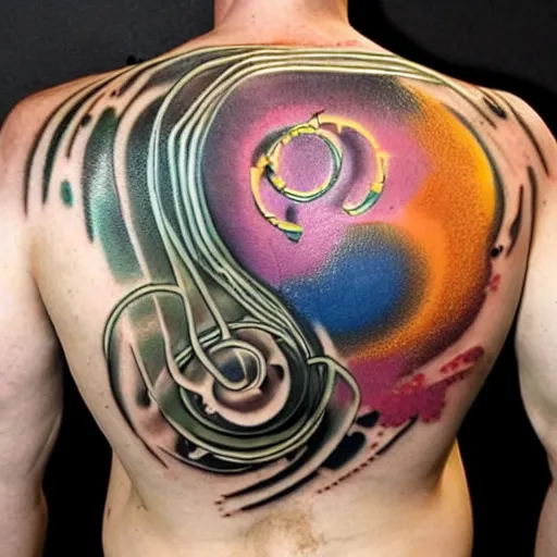 Image similar to backside on the shoulders is a tattoo of a 3 d hole in the skin with multicolored 3 d robotic mechanics and glowing spiral cable hose inside under the skin, insanely integrate,